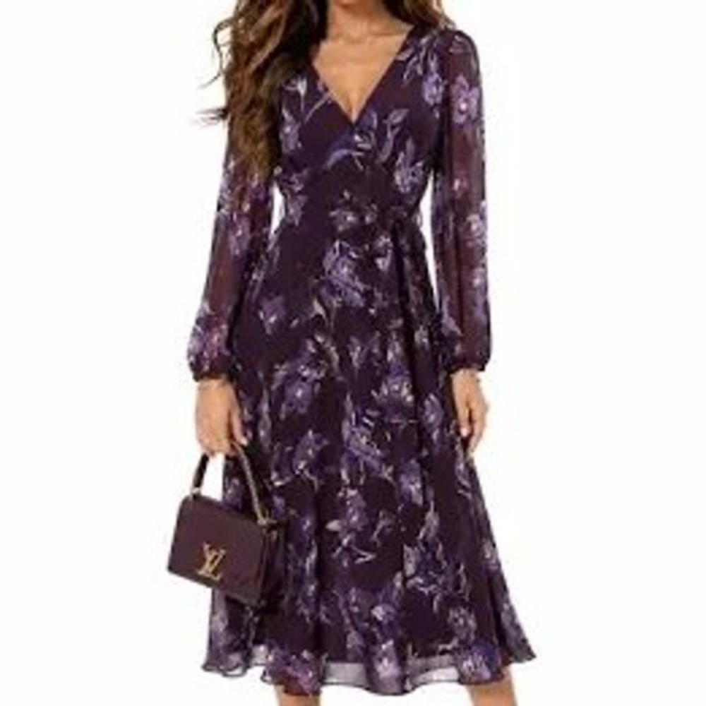 Lauren Ralph Lauren Purple Floral Chiffon Midi Dress V-Neck Long Sleeve Belted